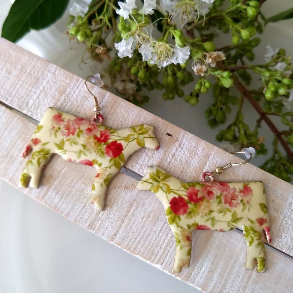 Floral Pattern Cow Earrings
